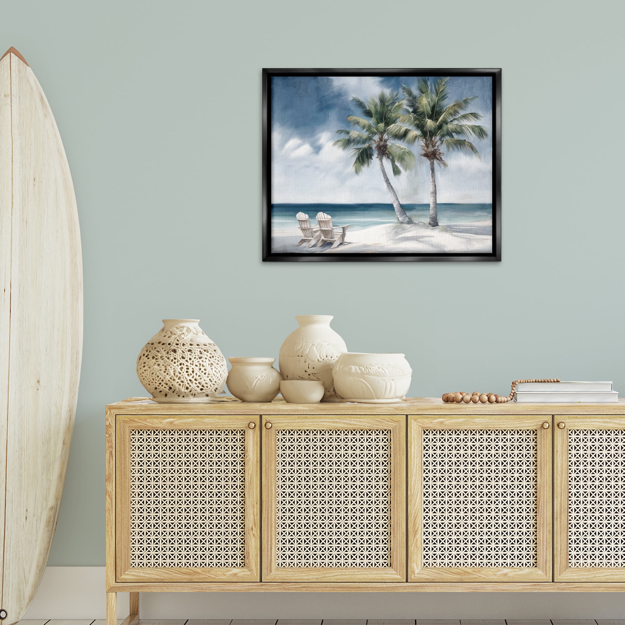 Stupell Industries Peaceful Tropical Landscape Coastal Painting Black Floater Framed Canvas Art Print Wall Art, 31 x 25