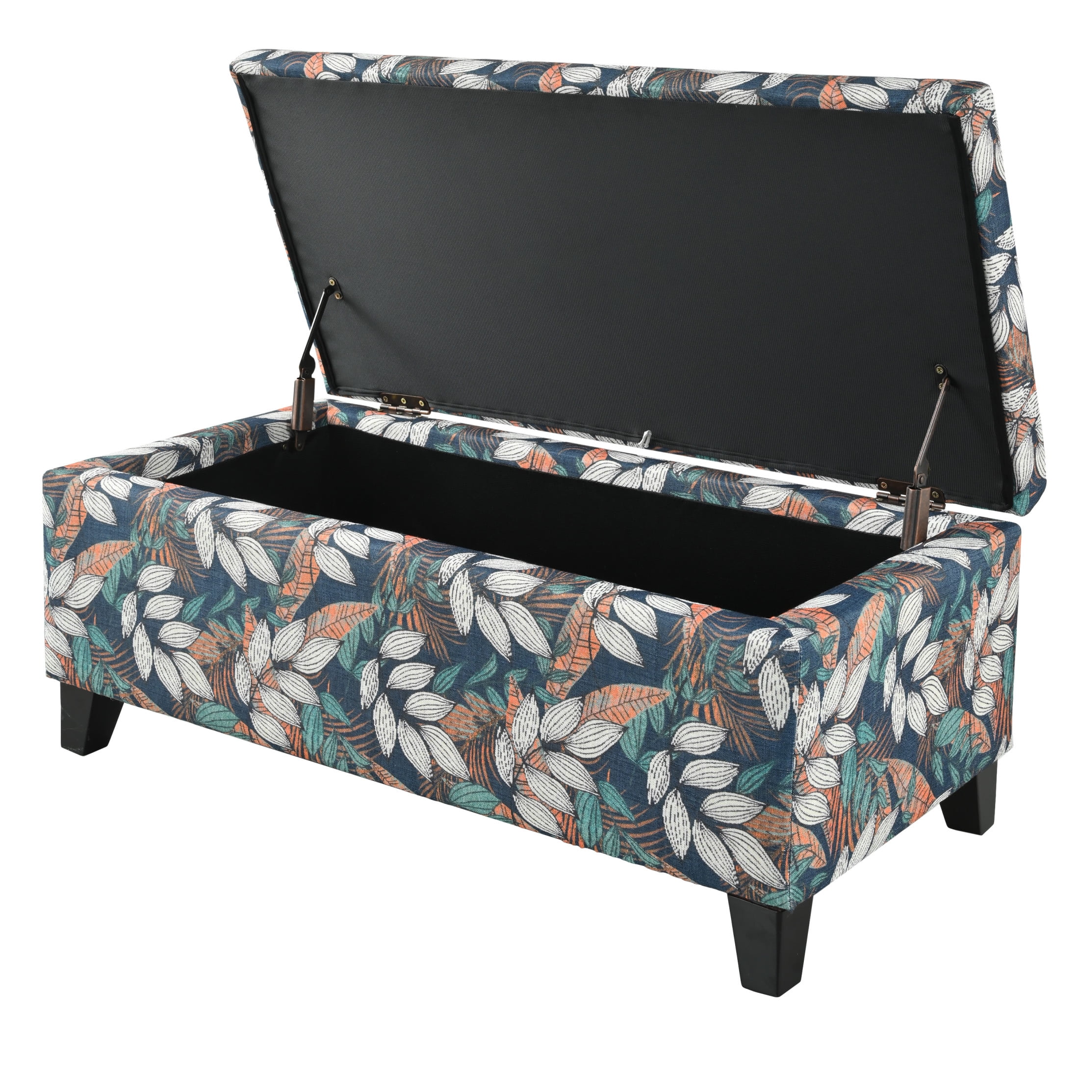 Cruz Contemporary Upholstered Storage Ottoman with Soft Pressure Hinges, Floral Pattern, Orange+White