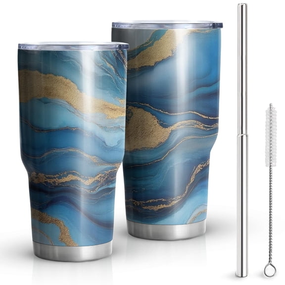 30oz Blue White Gold Marble Pattern Tumblers Stainless Steel Tumbler with Lid and Straw,Vacuum Insulated Double Wall Travel Tumbler Cups Mug with Cleaning Brush for Coffee,Tea