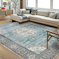 Hasoo Vintage Washable Rug Persian Tribal Area Rug for Living Room Oriental Floral Distressed Carpet for Bedroom Soft Low Pile Rug, 9' x 12' Blue
