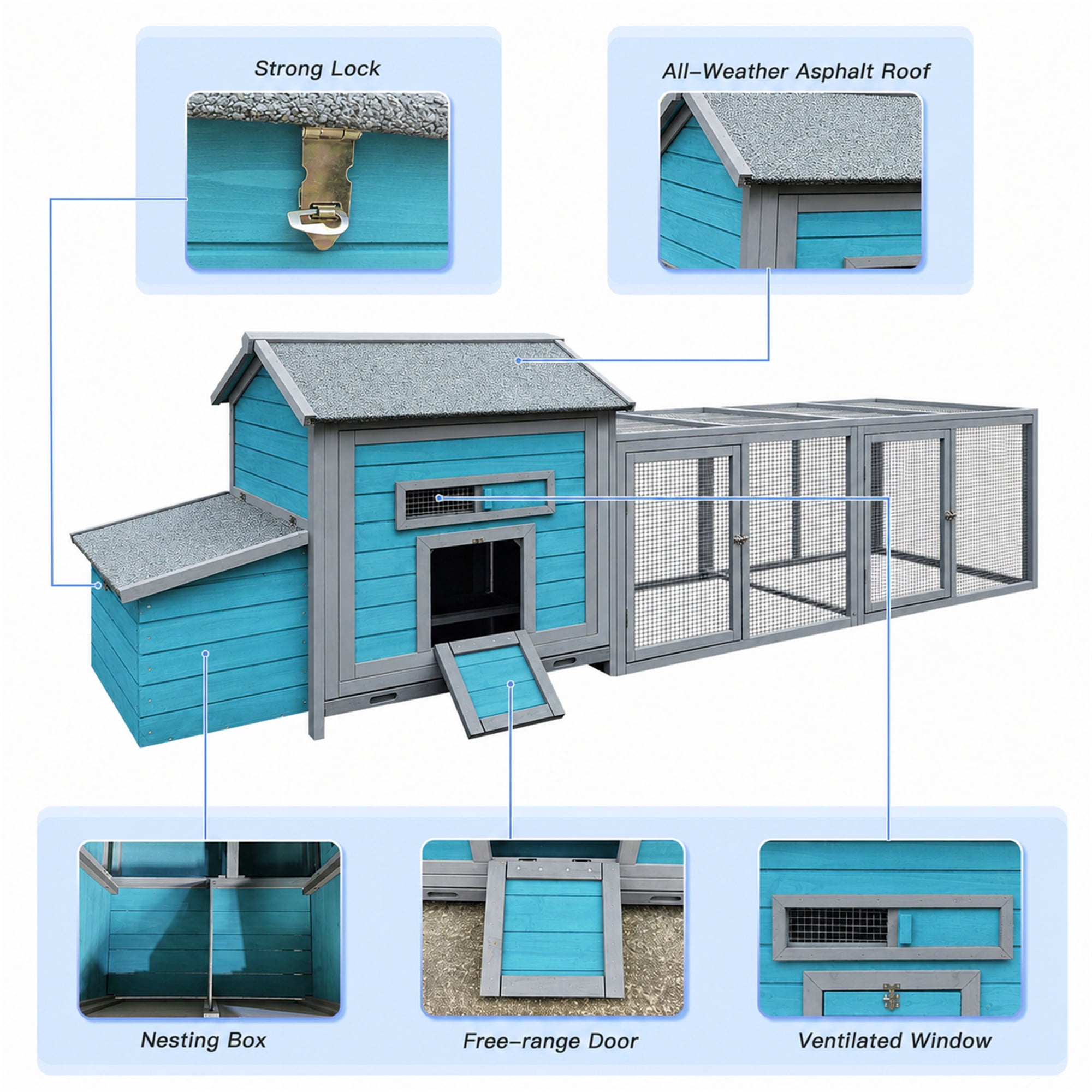 Aukfa 114" Large Chicken Coop Wood Chicken Run Cage w/ Nest Box and Pull-on Tray for Outdoor, Backyard, Blue