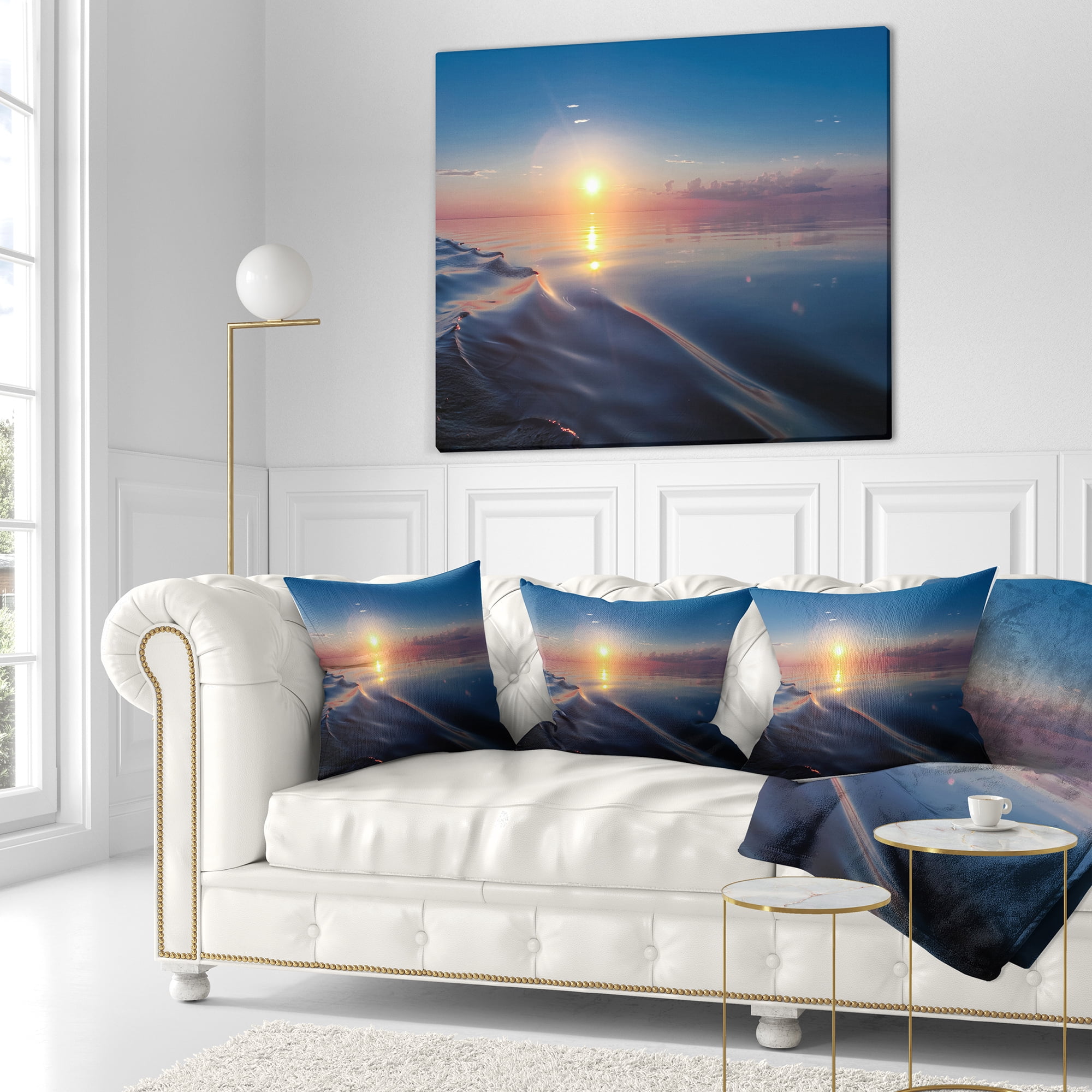 Designart Smooth Sea Surface under Sunset - Beach Photo Throw Pillow - 18x18
