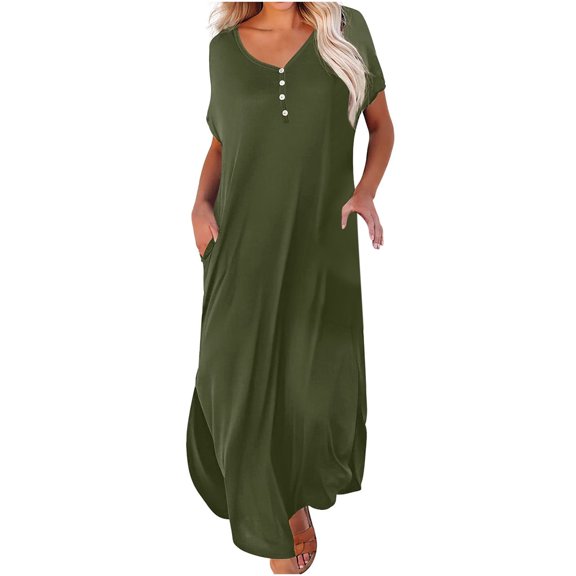 TIHLMK Sundresses for Women Casual Women's Summer Casual V Neck Swing Dress Casual Maxi Beach Dress With Pockets Army Green Short Sleeve Dress
