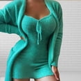 thumbnail image 3 of 2 Pcs/Set Women Pajamas Set Solid Color V Neck Low Cut Sleeveless Dress Thermal Cozy Slim Fit Long Sleeve Drawstring Lady Nightie Set for Home Wear, 3 of 6