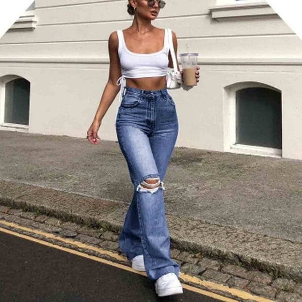 Pants for Women Trendy Solid Color High Waist Wide Leg Ripped Denim Pants  Ladies Casual Flared Jeans Long Pants 