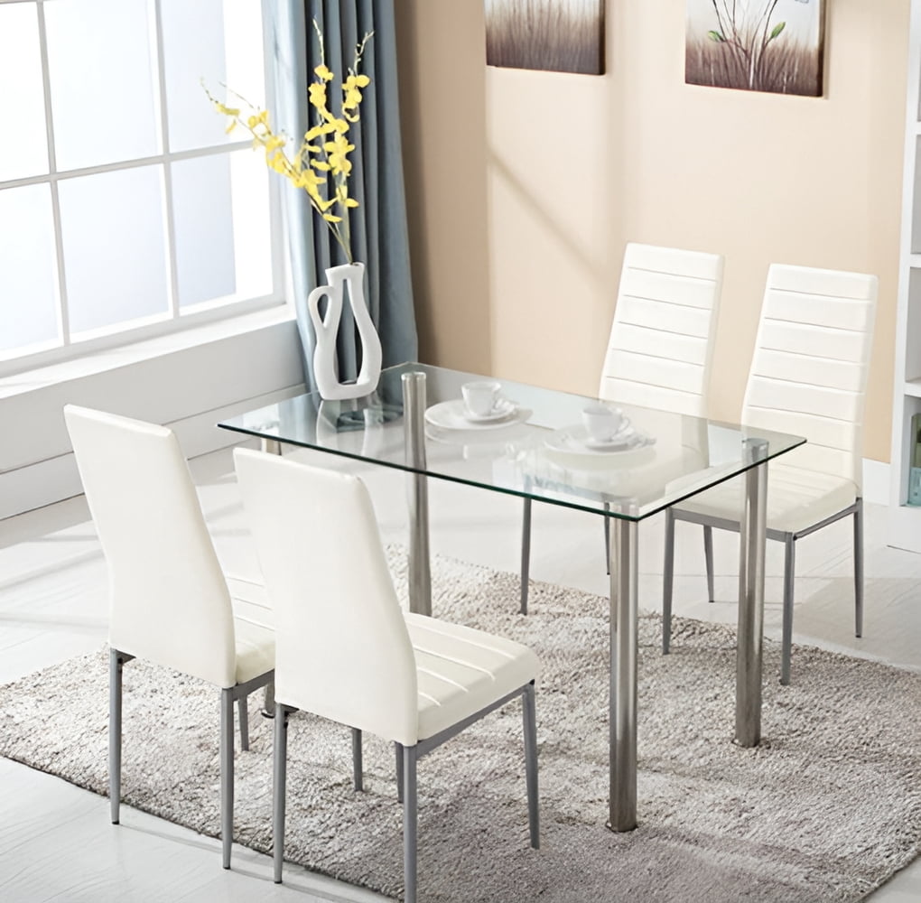 Ktaxon Glass Dining Table Set for 4, Kitchen Table Set & 4 PU Padded Chairs, Dining Room Set for Dinner, White