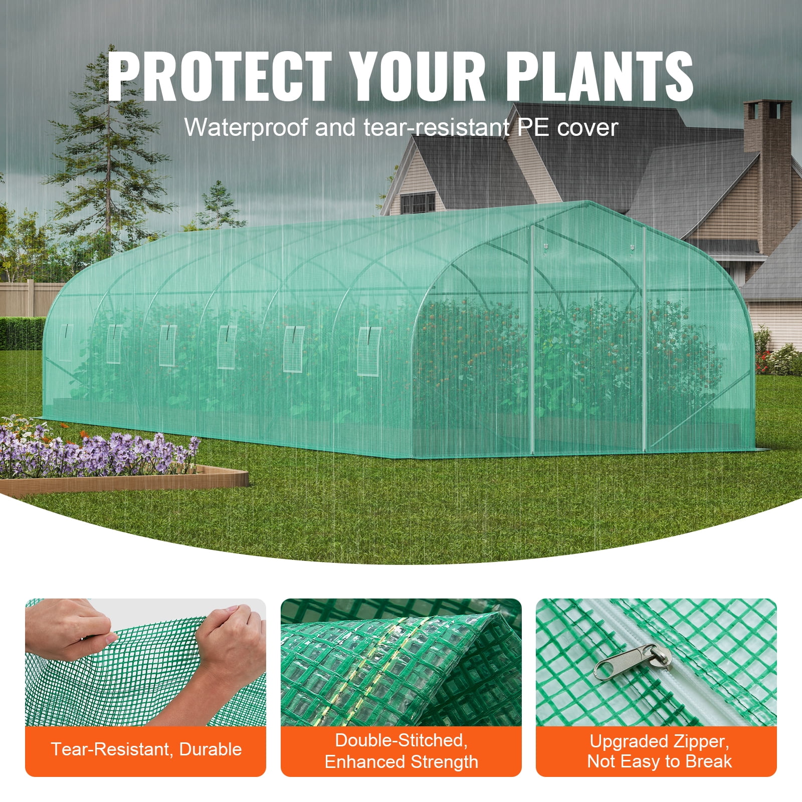VEVOR Walk-in Tunnel Greenhouse, 29.5x9.8x6.6 ft Hoop House Greenhouse Tunnel, Peaked Roof Plant Hot House with Galvanized Steel Frame, Green PE Cover, Roll-up Zipper Door and 12 Windows for Outdoor