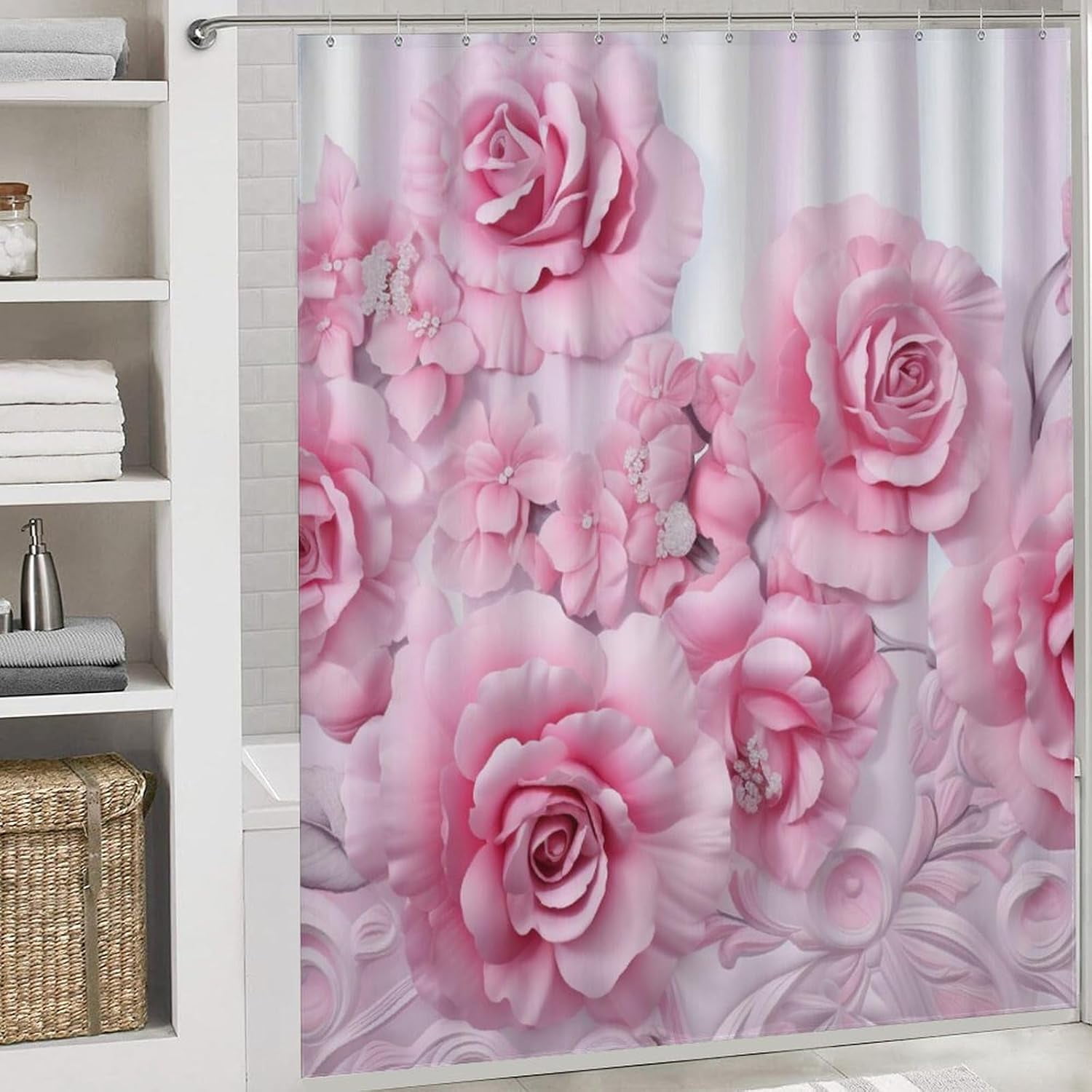 Beautiful Pink Roses Shower Curtain Sets with Rugs Toilet Lid Cover and Bath Mat Colorful Romantic Floral Shower Curtains with 12 Hooks Waterproof 4 Piece Bathroom Decor Set