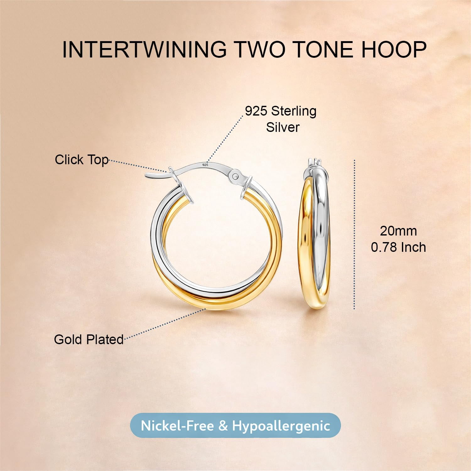 LeCalla 925 Sterling Silver Hoop Earrings for Women | Two-Tone Intertwined Chunky Earring Hoops