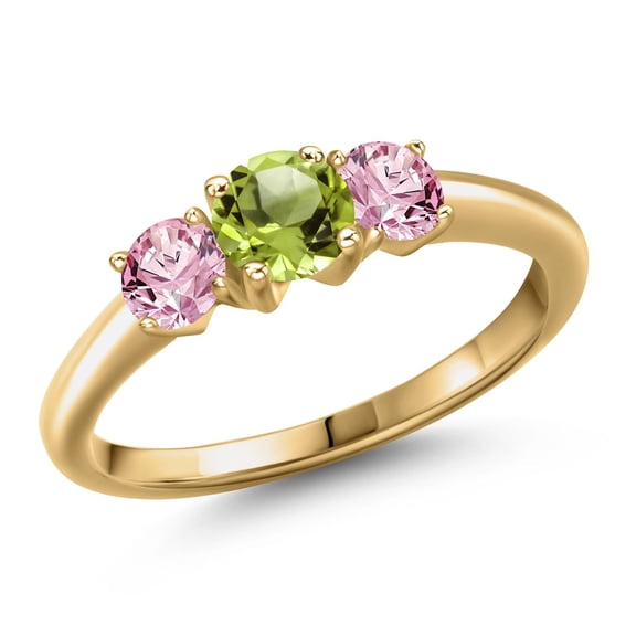 Gem Stone King 18K Yellow Gold Plated Silver Green Peridot and Pink Lab Grown Diamond Engagement Ring for Women | 1.05 Cttw | Round 5MM | Gemstone August Birthstone | Size 8