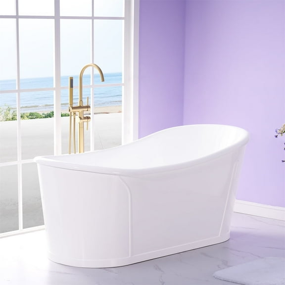 ANGELES HOME 66"Acrylic Freestanding Bathtub, Soaking White Bathtub with White Drain and Integrated Slotted Overflow Included, Glossy White