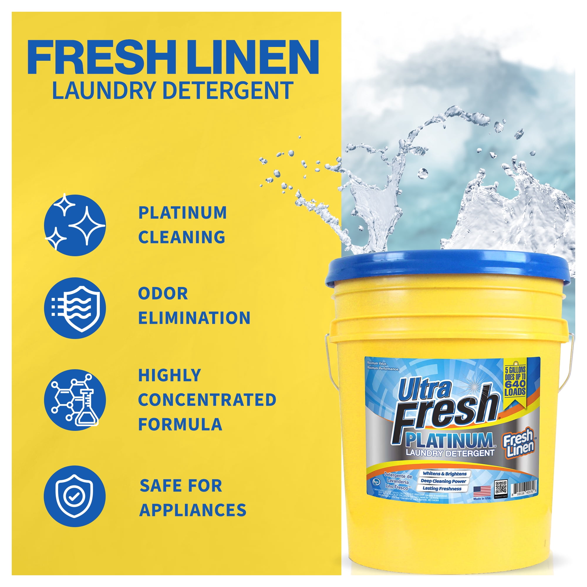 Ultra Fresh Platinum 5 Gal Liquid Laundry Detergent, Up to 640 Loads, Fresh Linen Scent