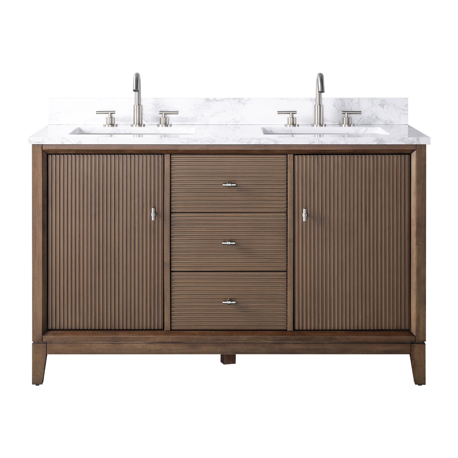 Vanity Art 54" Bathroom Vanity with Sinks and Engineered Marble Top, Freestanding Storage Cabinet with 2 Drawers, 2 Shelves and 1 Flip Down Tray