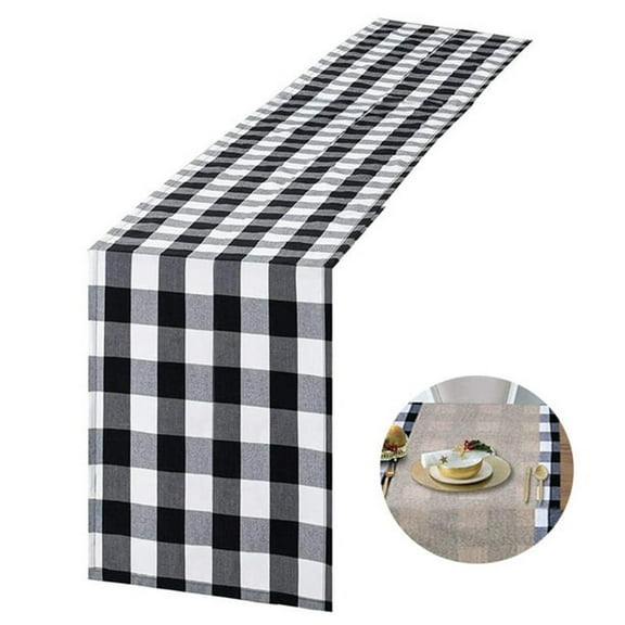 AQITTI Household Antependium Check Table Runner Reversible Cotton Burlap Table Runner Plaid Kitchen Decor Farmhouse Black and Runner for Christmas Holiday Home Decoration 14 X 72 Inch