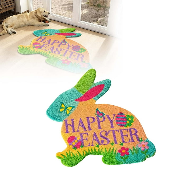 Velvet Easter Bunny Shaped Welcome Mat for Indoor Outdoor Use with Absorbent Non- Rug featuring Delightful Holiday Design and Practical Doorway