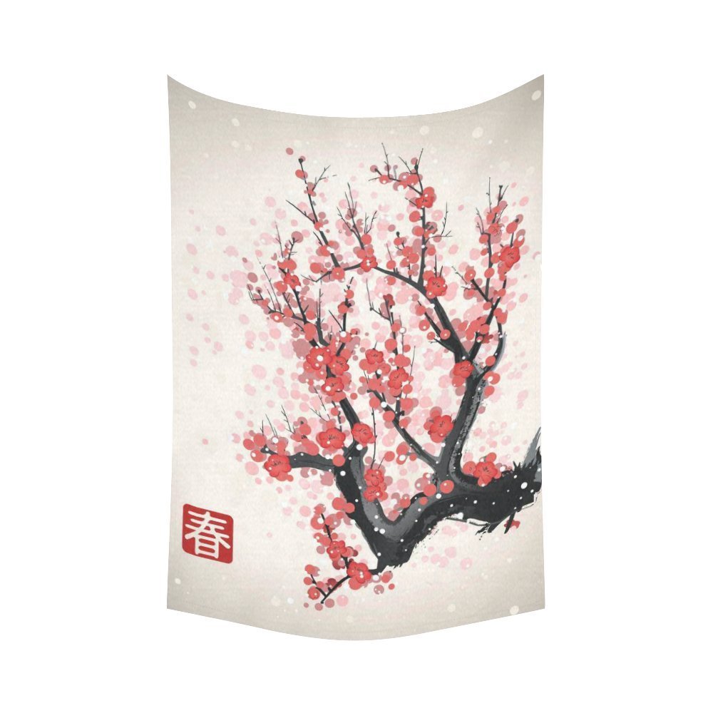 GCKG Red Flower Branch Tree Spring Japanese Cherry Blossom Tapestry