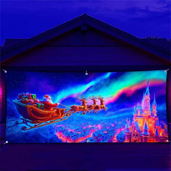Hearth & Gear Merry ! Reindeer Sleigh Glowing Under Light Polyester Garage Door Purpose And Patio Easy To Hang Bunting round Flat Thin Pennant Flags Sports Holiday Banners for inside Canadian Flag for