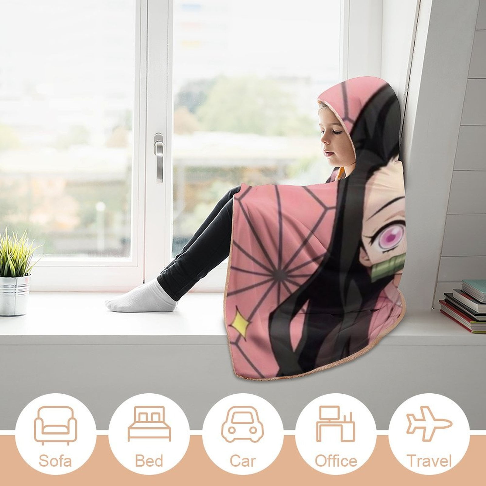 Kamado Nezuko Wearable Blanket Cloak Arctic Velvet Hooded Blanket Soft Fuzzy Hoodie Blanket Cape for Adults Kids 40"x50"