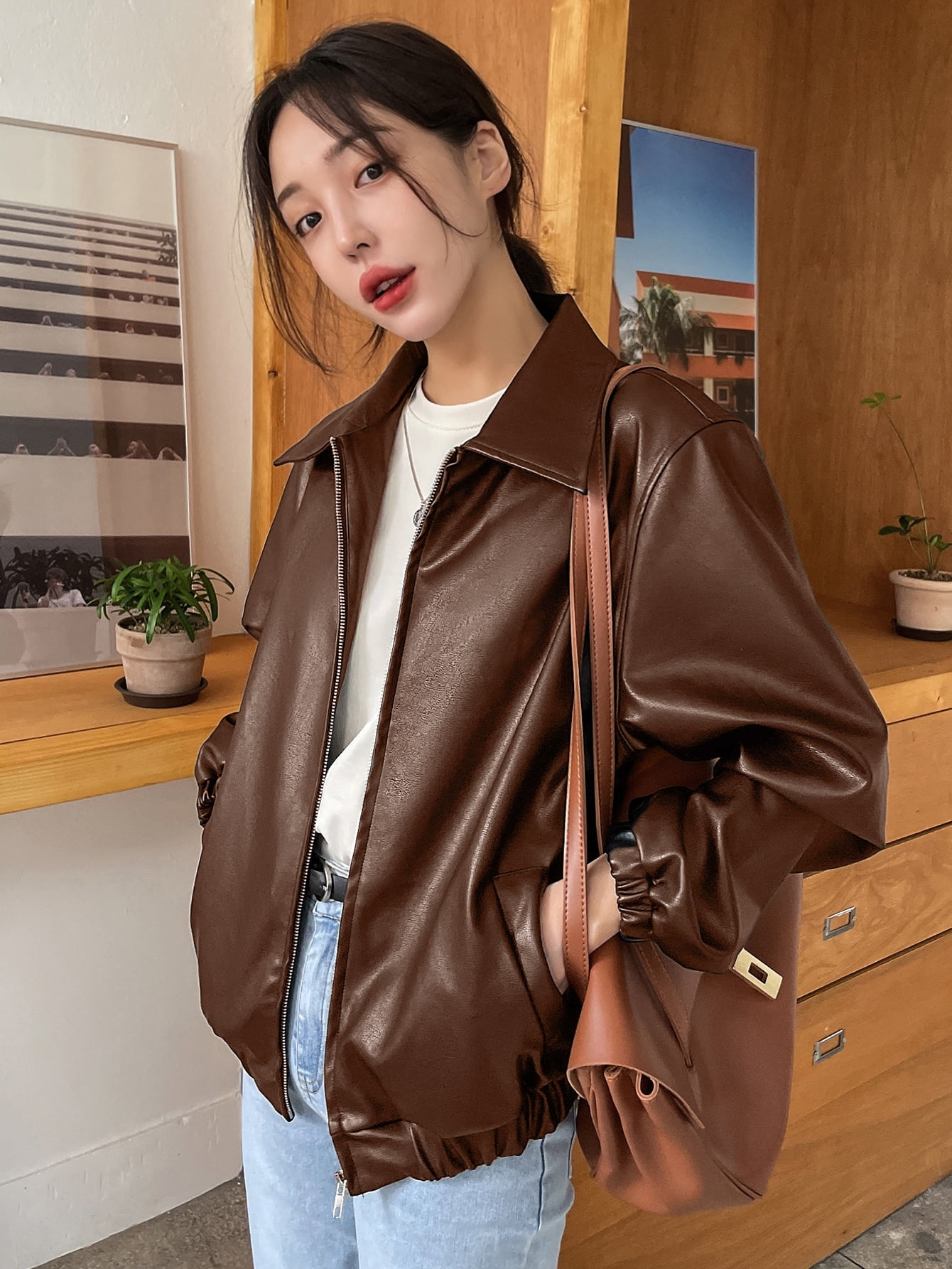 White Rock Pocket Asymmetric Zip Placket Biker Jacket Workwear Women Coat Outerwear