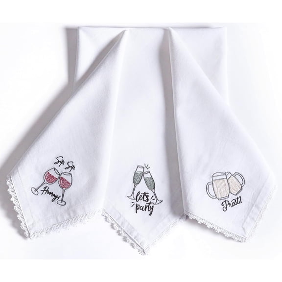 Bedding Craft Cotton Cloth Dinner Napkins Embroidered Motif with Decorative Lace Edges – Soft Machine Washable, Set of 12, 18"x18"