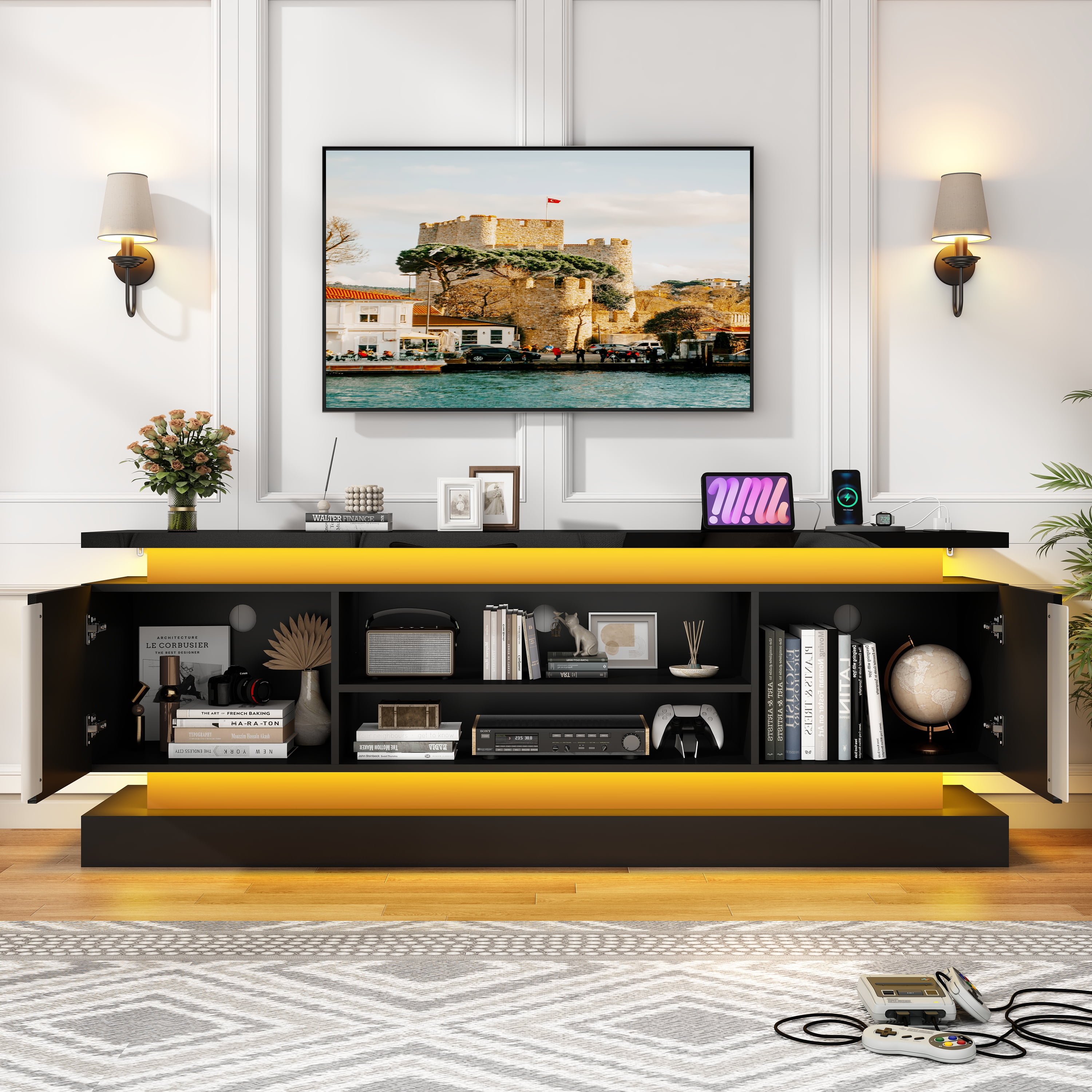 ChVans 71" LED TV Stand for TVs up to 85" with Power Outlets, High Gloss Surface, 2 Storage Cabinet, Modern Style, TV Media Console with Storage, Black