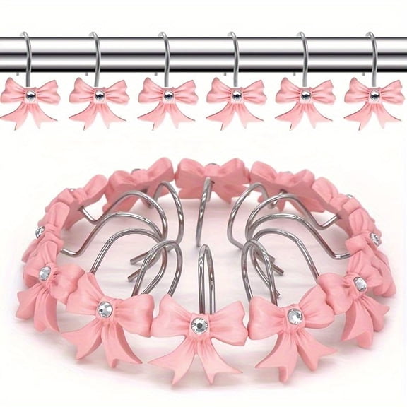12 Pieces Resin Shower Rings Pink Shower Hooks, Decorative Shower Curtain Hooks, Decorative Bathroom Curtain Rings Cute Shower Curtain Hooks Pink Bathroom Accessories