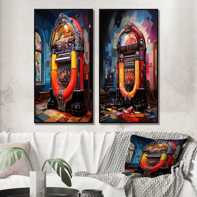Designart "Jukeboxes harmonies Nostalgiques I" Jukeboxes Encadrée Wall Art Lot de 2 - Orange Mode Encadrée Toile Ensemble pour la Décoration du Salon