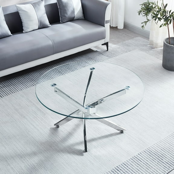 Tempered Glass Coffee Table With Legs, 35.4" Diameter, Contemporary Design For Home, Silver Hue Round Metal And Top
