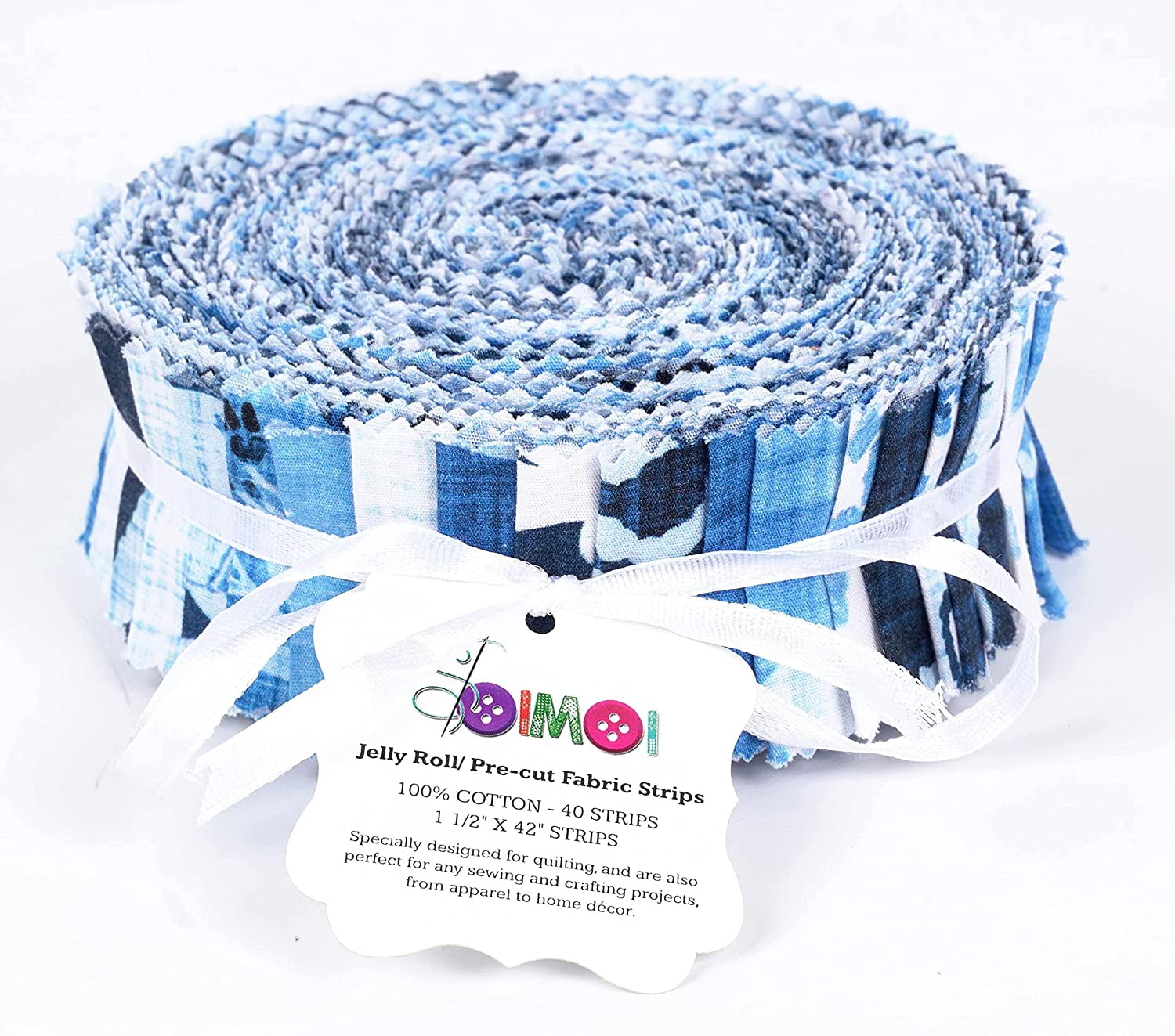 Soimoi 40Pcs Block Print Precut Fabrics Strips Roll Up 1.5x42inches Cotton Jelly Rolls For Quilting - Blue