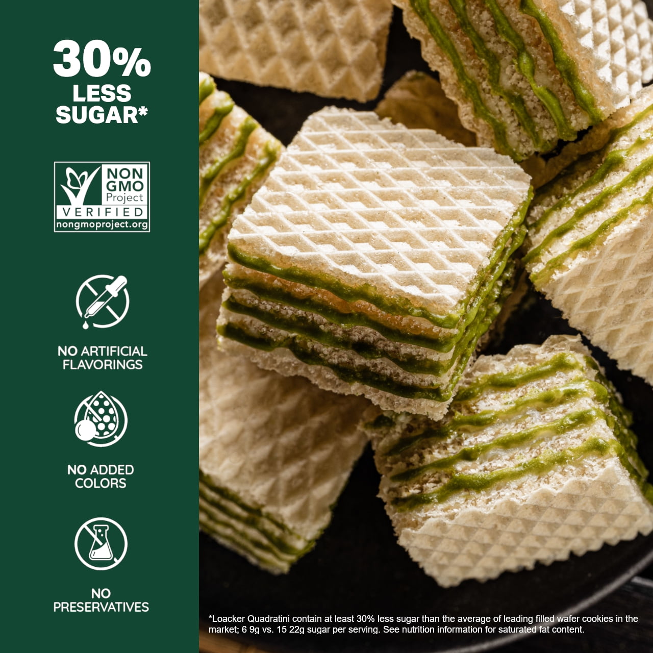 Loacker Quadratini Matcha, Cream-Filled Bite-Size Wafer Cookies, 7.76 oz, Pack of 6