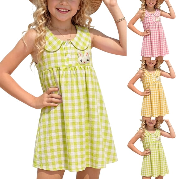 Auroural Girls Dresses 9 Years Old Children's Solid Color Sleeveless Turn-Down Collar Cute Dress Kids Summer Plaid Printed Dresses