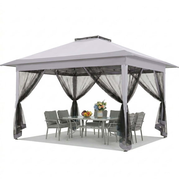 HOTEEL 12' x 12' Outdoor Pop-Up Gazebo Canopy with Mosquito Netting, 2-Tiered Vented Top, 3 Adjustable Heights for Backyard, Garden, Lawn, Light Grey