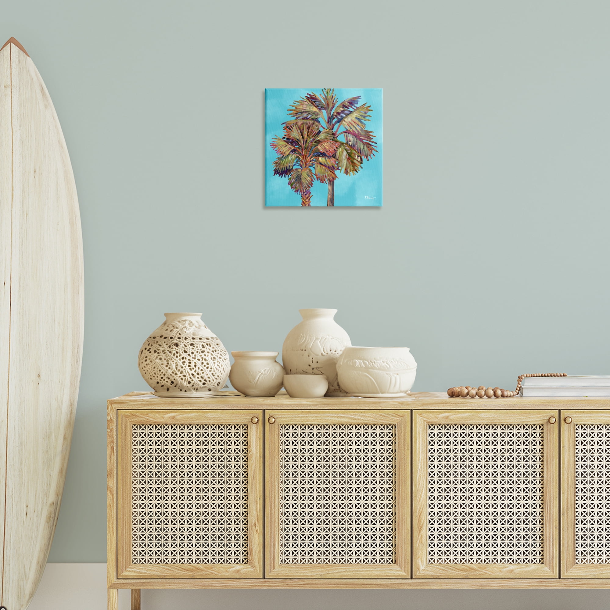Stupell Industries Bondi Palms on Blue Plants & Flowers Painting Wrapped Canvas Art Print Wall Art, 17 x 17