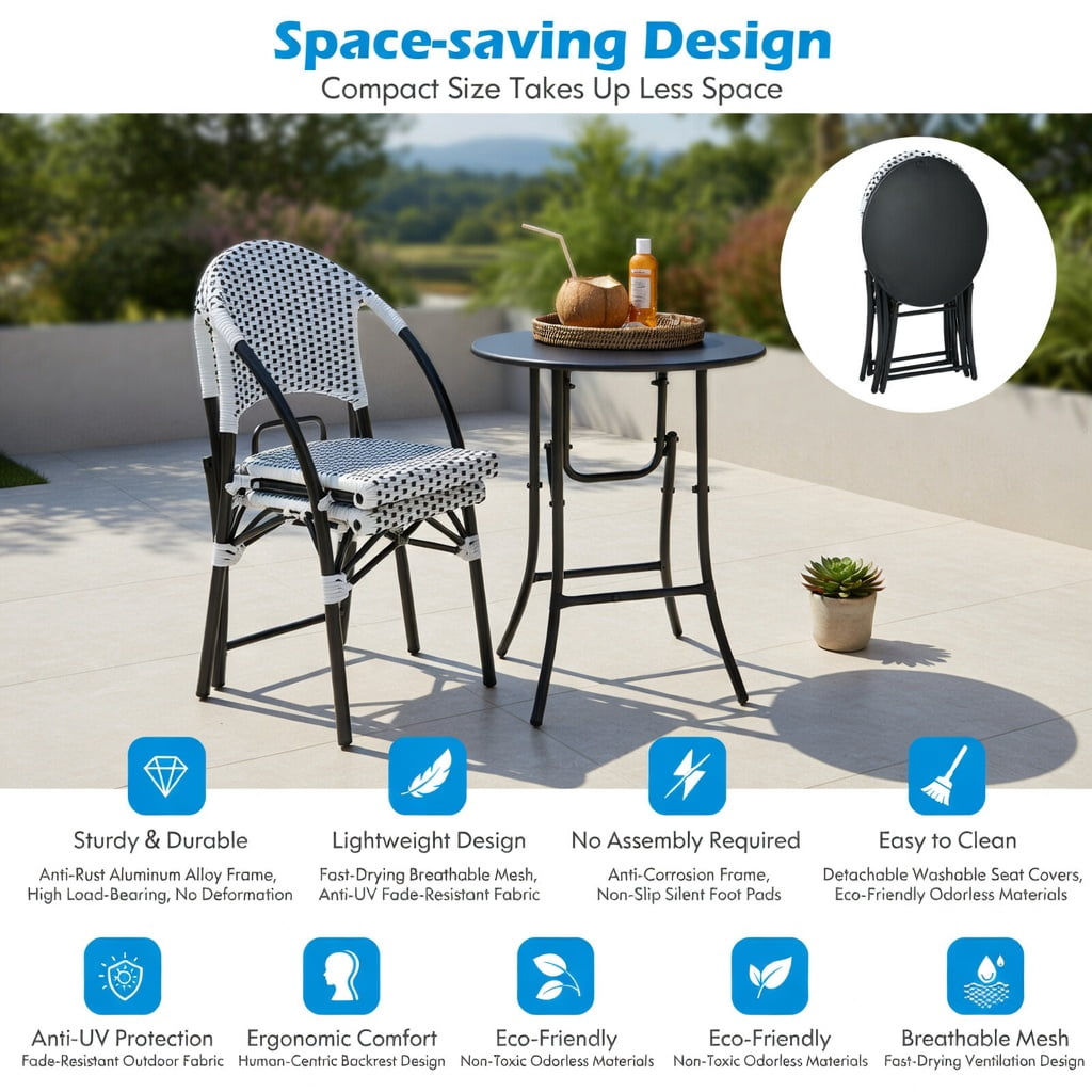 Hommoo 3-Piece Outdoor Rattan Bistro Set, Foldable Round Patio Table & 2 Ergonomic Chairs, PE Wicker on Steel Frame, for Deck, Balcony & Poolside, White and Black