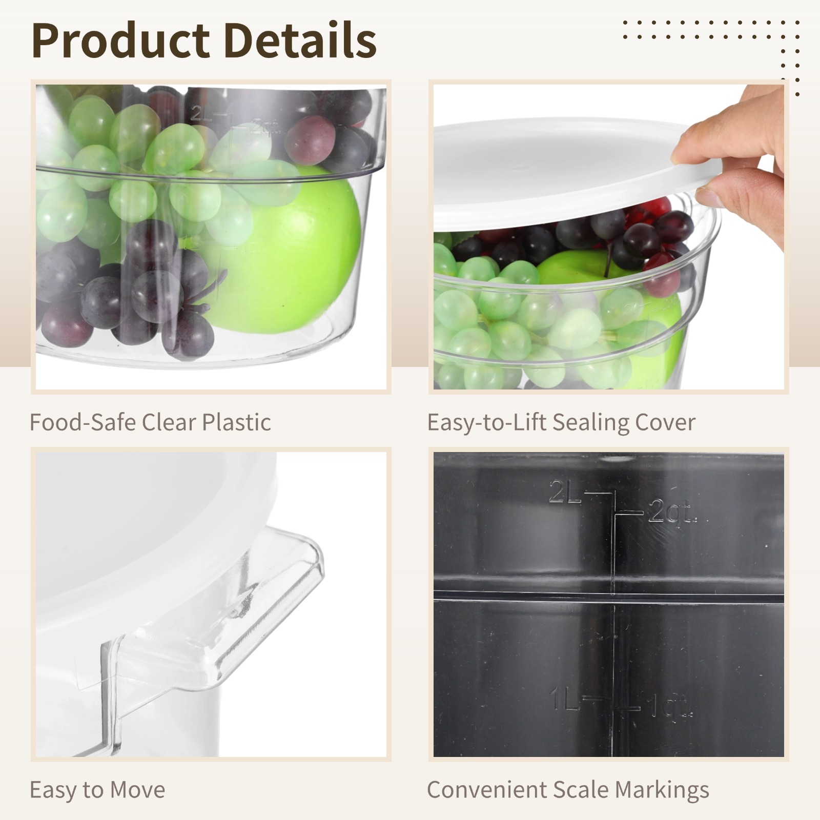 2 PCS Round Food Storage Containers with Lids, 2 Qt Clear Plastic Dough Bucket with Scale, Airtight Transparent Kitchen Container with Handles for Vegetables, Fruits, Grains, Nuts