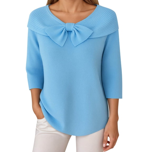 Women's Knit Bow Sweater Solid Color Pullover Top