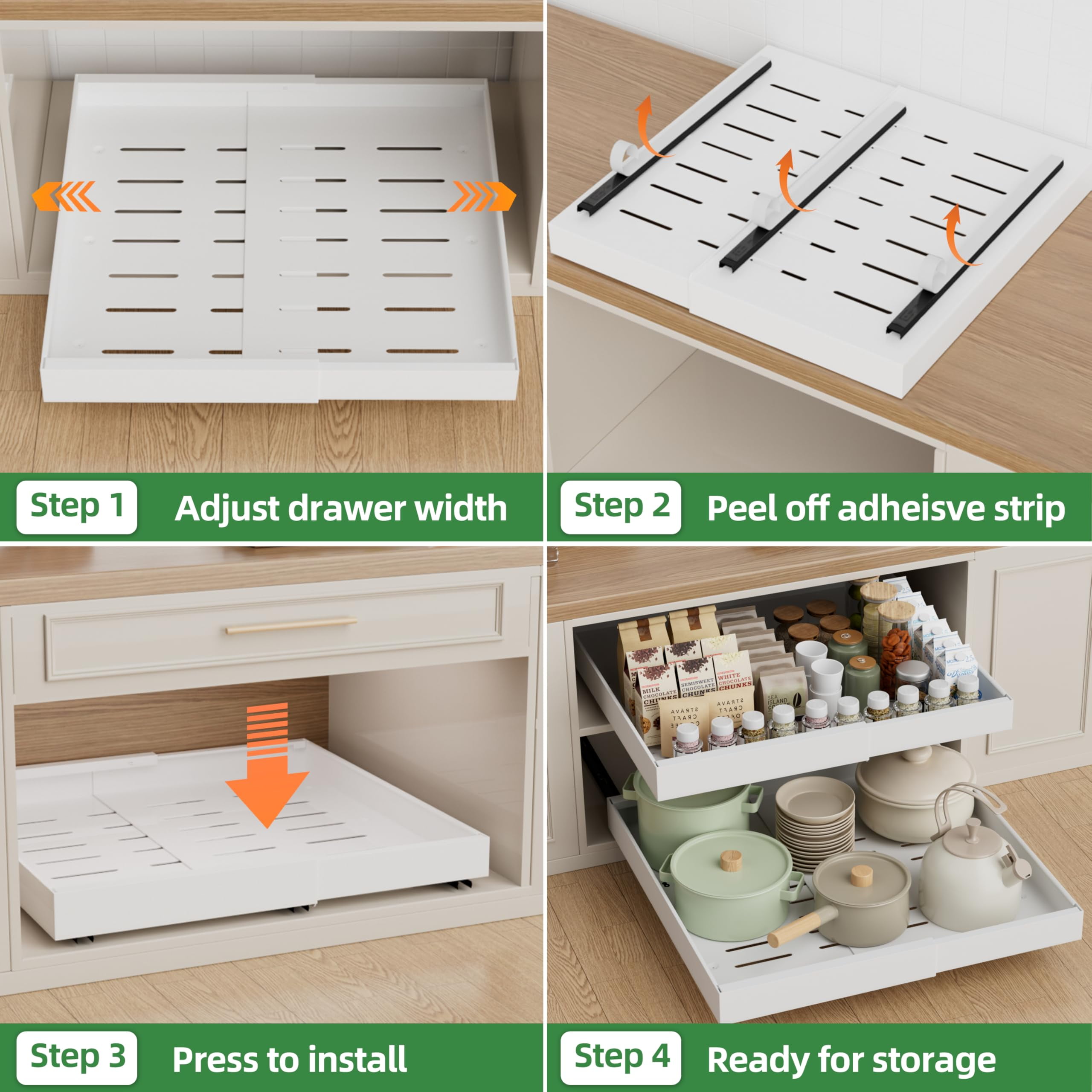 Gimgong Expandable Pull Out Cabinet Organizer with 3 Slide Rails, Sliding Drawers for Cabinet, White, 21"D x 12"-20"W