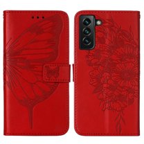 Wallet Case for Samsung Galaxy S22 Plus 6.6 Inch with PU Leather Kickstand Bracket Card Slots Magnetic Clasp Flip Folio Phone Case, Butterfly Pattern Soft TPU Wrist Strap Shockproof Cover,Red