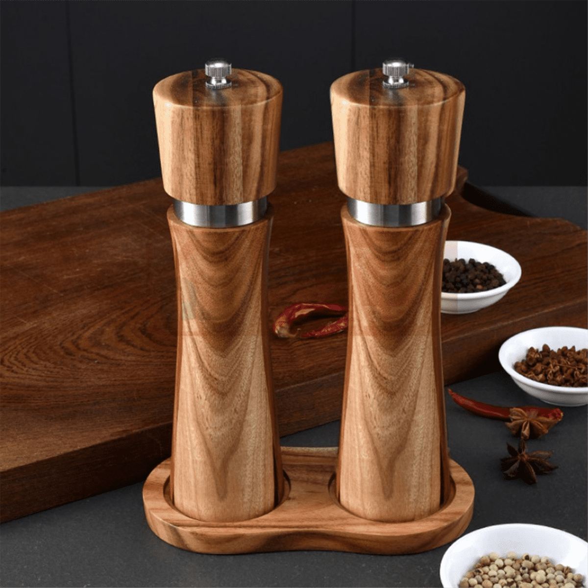 Salt and Pepper Mill Set with Mill Coaster, Adjustable Ceramic Grinder, Salt Mill, Stainless Steel Grinder, Pepper Mill