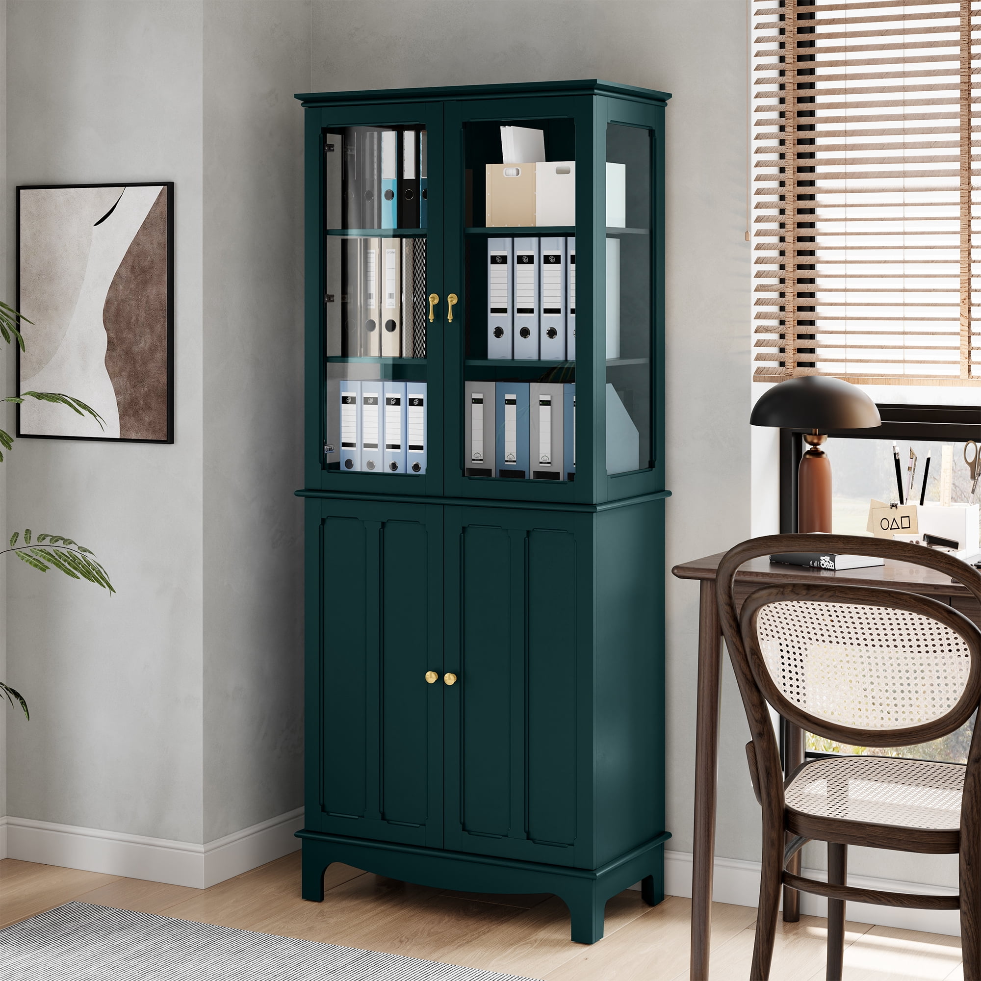 HLR 72 Freestanding Kitchen Pantry Storage Sideboard with Adjustable Shelves, Glass Display Cabinet, Dark Teal