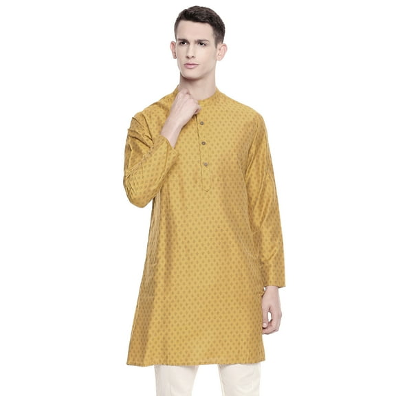 In-Sattva Men's Mandarin Collar Micro Dobby Fine Print Mid-Length Kurta Tunic Mustard; XL