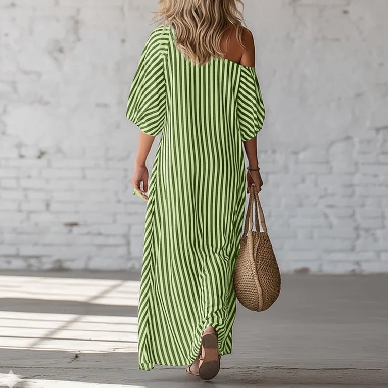 Women's Summer Short Sleeve Dress One Shoulder Boho Midi Dresses Loose Causal Sundress, M