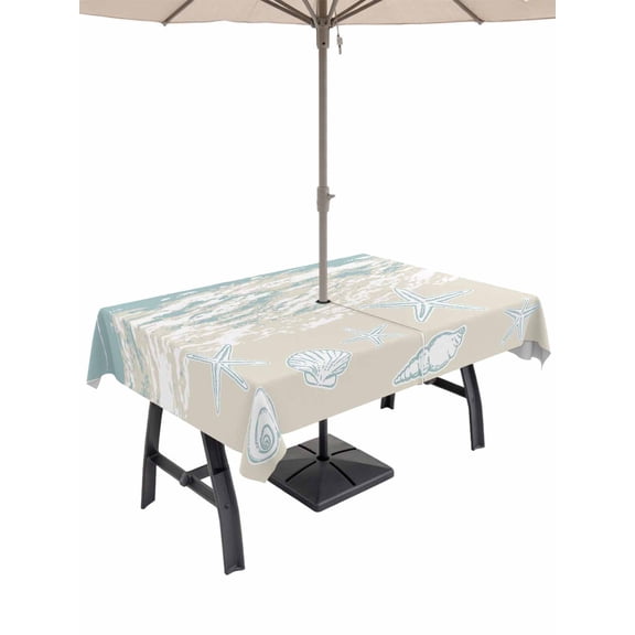 Outdoor Tablecloth with Umbrella Hole and Zipper, Blue Coastal Starfish Rectangle Table Cloth 52x70 Inch Waterproof Tablecloth, Summer Beach Ocean Abstract Art Picnic Table Cover for Patio Camping