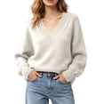 thumbnail image 2 of DYTTDG Women Solid Color Loose V-Neck Knit Pullover Sweater, Long Sleeve Ribbed Cuff Relaxed Fit Casual Knitted Jumper Daily Basic Knit Top, 2 of 8