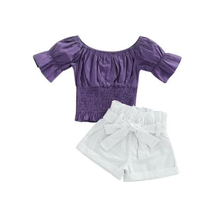 

Infant Baby Girls Summer 3 Pcs Outfits Solid Color Short Sleeve Pleated T-Shirt + Ruffled Short Pants + Decorative Waist Belt