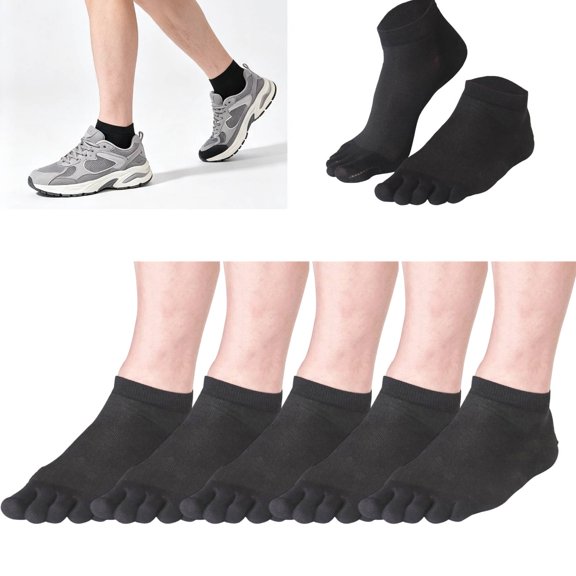 5 Pairs Cotton Black Toe Socks Five Finger No Show Crew Athletic Running Socks