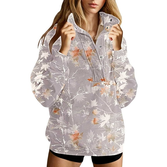 GuzomFashion Womens Purple Henley Neck Sweatshirt - Maple Leaf Print, Oversized (S-XXXXXL), Soft 100% Polyester, Fall/Early Winter,Size 3XL