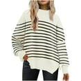 thumbnail image 2 of Wancir Womens Striped Sweaters Casual Cotton Knitted Long Sleeve Pullover Sweater 2024 Fashion Color Block Round Neck Tops, 2 of 9