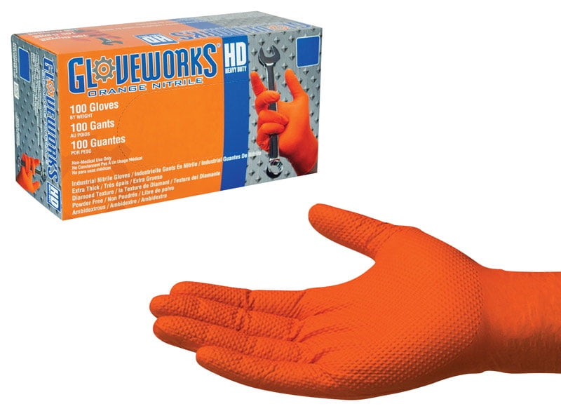 Box of 100 GLOVEWORKS Orange Nitrile Industrial Latex Free Disposable Gloves 