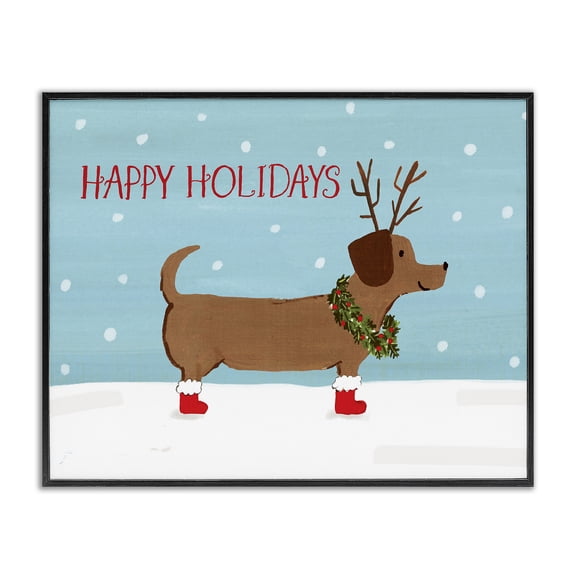 Stupell Industries Cottage Happy Holidays Text Dog Wearing Antlers Snow Scene Black Framed Giclee Art, 14 x 11, by Heather Strianese